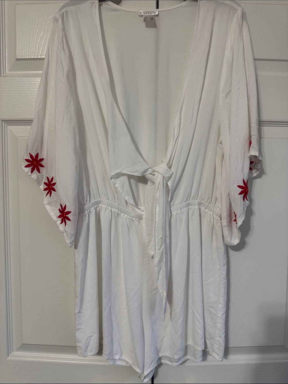 VENUS White Women's Swim Coverup Romper with Embroidered Flower Detail.